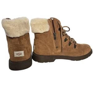 UGG Big Kid Azell Hiker Weather Boots Brown Suede Side Zip Chestnut 6